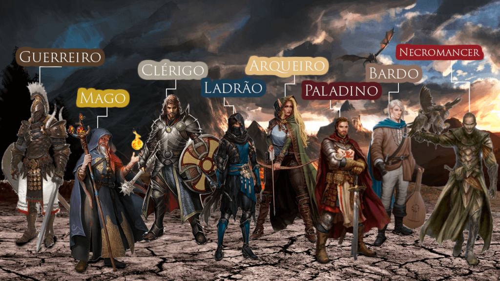 As classes de RPG juntas: guerreiro, mago, clérigo, ladrão, arqueiro, paladino, bardo e necromancer.