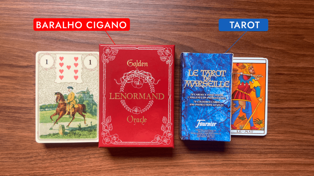 No lado direito temos o tarot e do lado esquerdo temos o baralho cigano