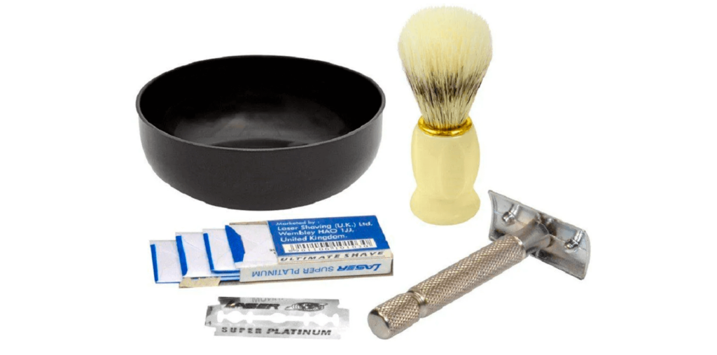 kit de barbear com barbeador, tigela para pincel, pincel de barbear e lâminas para barbear